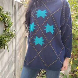 Vintage 80s Rad Star Blue Knit Mock Turtleneck Pullover Sweater Sz Large