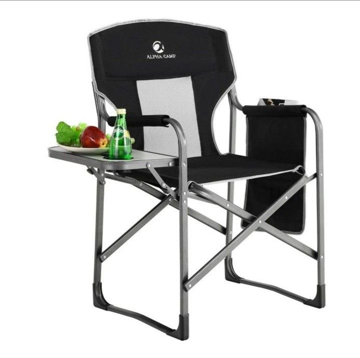 Alpha Camper Oversized Director Chair Portable Folding Camping Chair Heavy-Duty Steel Frame Tailgating Chair with Side Table & Pocket, Gray&Black