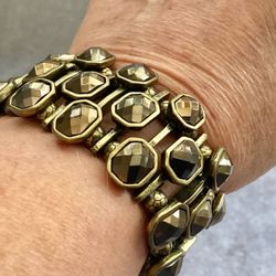 Vtg. 1990s Triple Row Bronze Tone Metal Brown Beads Stretch Bracelet 