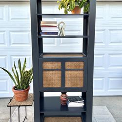 Tall Solid Wood Bookcase With Rattan Storage 