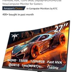 KTC Gaming Monitor 1440P 165Hz 1ms MPRT, 2K 1440P 144Hz Monitor