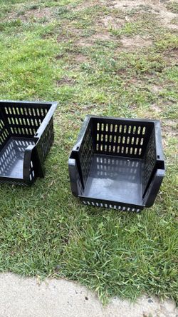 Plastic basket stacking shelves.