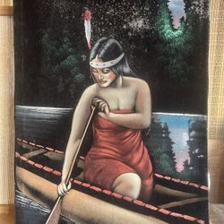 Vintage David Ortiz Priscilla Presley as Native yAmerican Black Velvet Painting oddity*