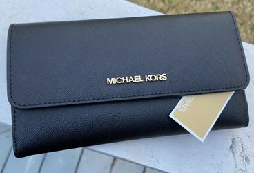 Brand New Michael Kors Jet Set Travel Larger Black Trifold Leather Wallet. Nice Mother's  Day Gift🎁❤️ 