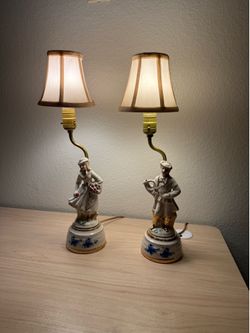 Decorative His & Hers Boudoir Lamps, Porcelain and Brass