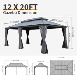 12' X 20' Hardtop Gazebo, Upgraded Metal Gazebo with Drainage System, Dual-Layer Galvanized Steel Roof, Curtain and Netting, Outdoor Shelter Canopy fo
