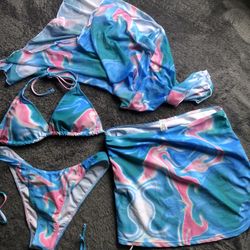 New! Fun Blue And Pink Four Piece Bikini Set 