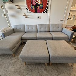 Gray Couch & 2 Ottomans 
