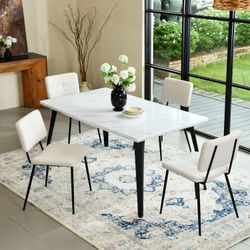 Stan 5 Piece White Dining Table Set with 63” Table with 4 Pomona Upholstered Chairs