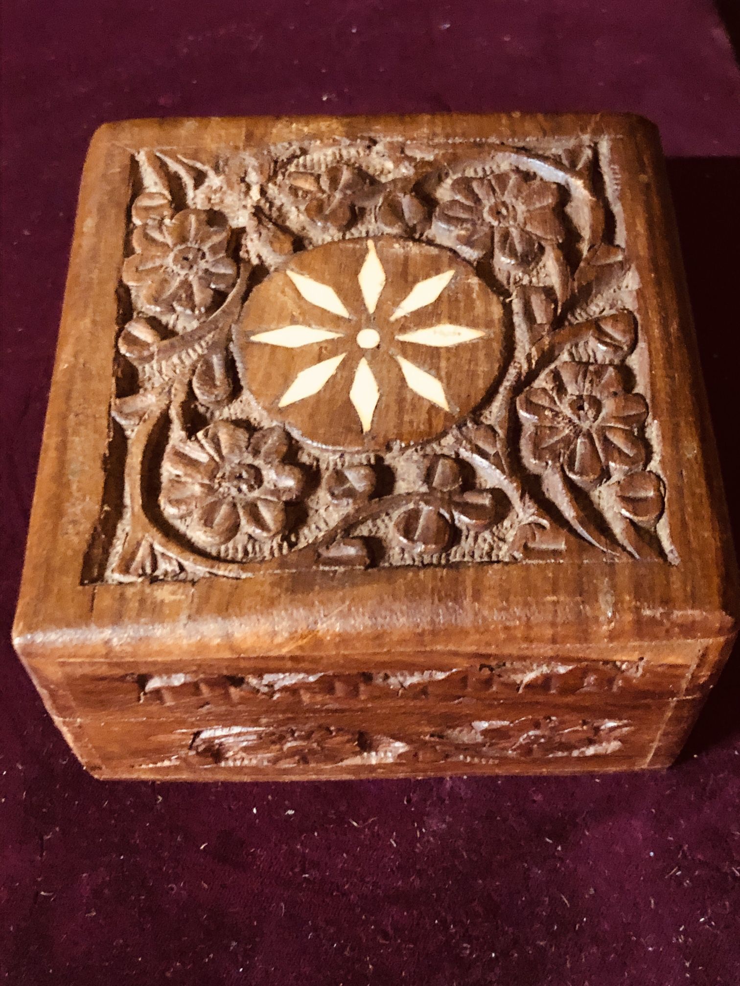 Vintage Handcarved Wooden Jewelry Box With Mother Of Pearl Designed Square And Matted Red 