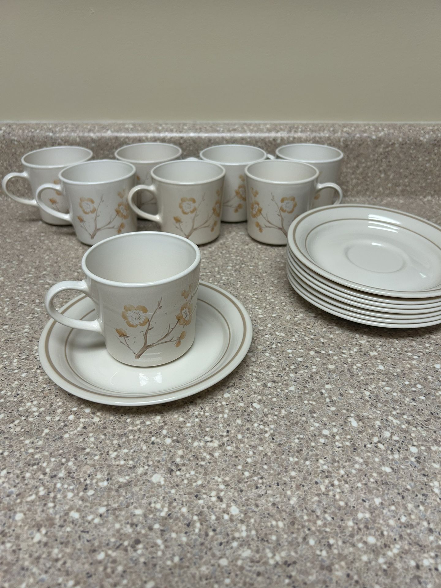 Set of 8 Corning Tea Cups with Saucers