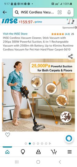 INSE Cordless Vacuum Cleaner,25Kpa Powerful Stick Vacuum,6-in-1