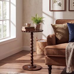Wood Bobbin Pedestal Accent Side Table