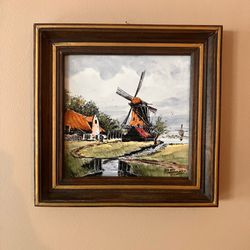 Vintage Delft Polychrome Ceramic Tile Framed Dutch Windmill Hand Painted Holland