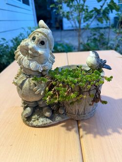 Whimsical Garden Gnome with Barrel Planter & Little Bird Figurine