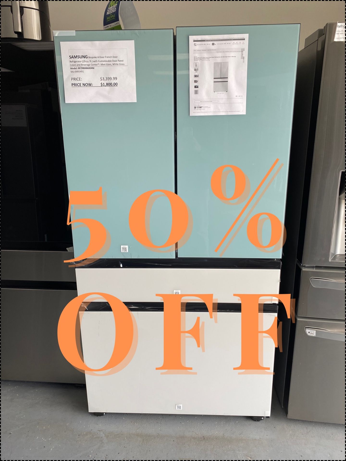 Bespoke 4-Door French Door Refrigerator (29 cu. ft.) with Beverage Center™ in Morning Blue Glass Top Panels and White Glass Middle and Bottom Panels
