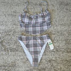 NWT Salt + Cove Juniors Plaid Hankini Top & High Waist Bikini Bottoms Sz L Set