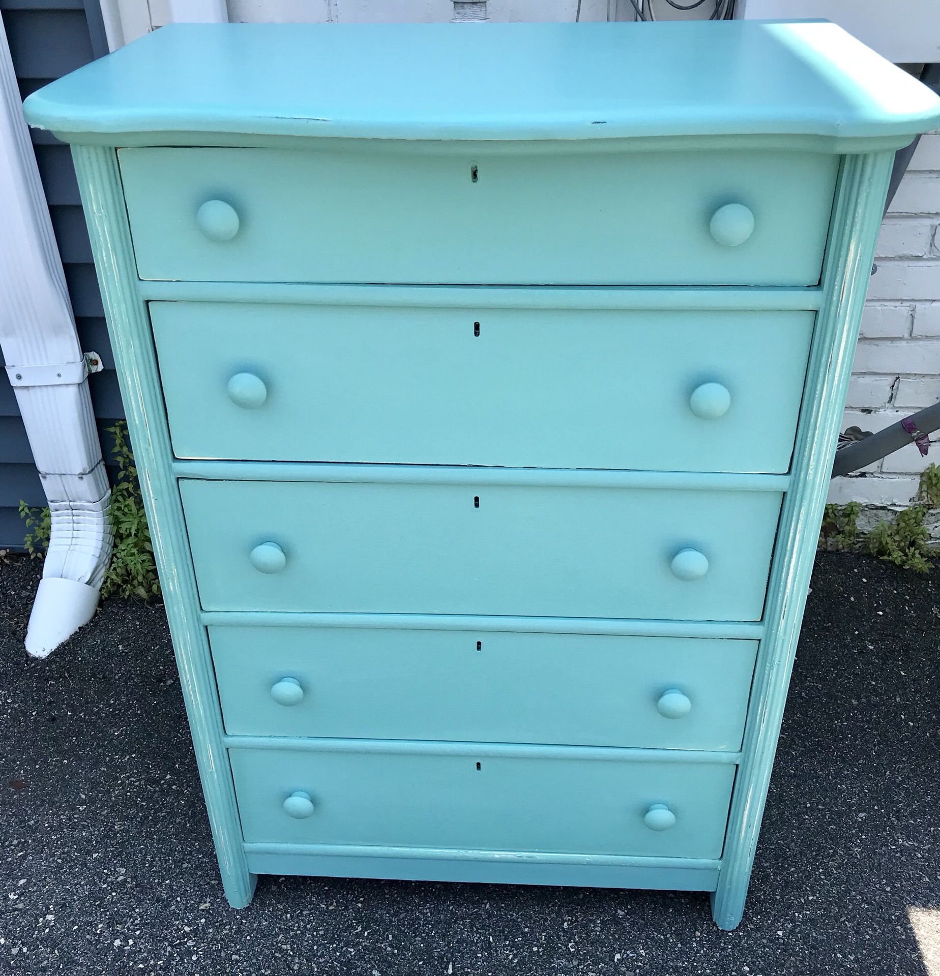Caribbean blue solid wood vintage highboy dresser chest of drawers