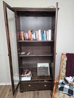 Dark Brown Wood Bookcase Cabinet with Glass Door