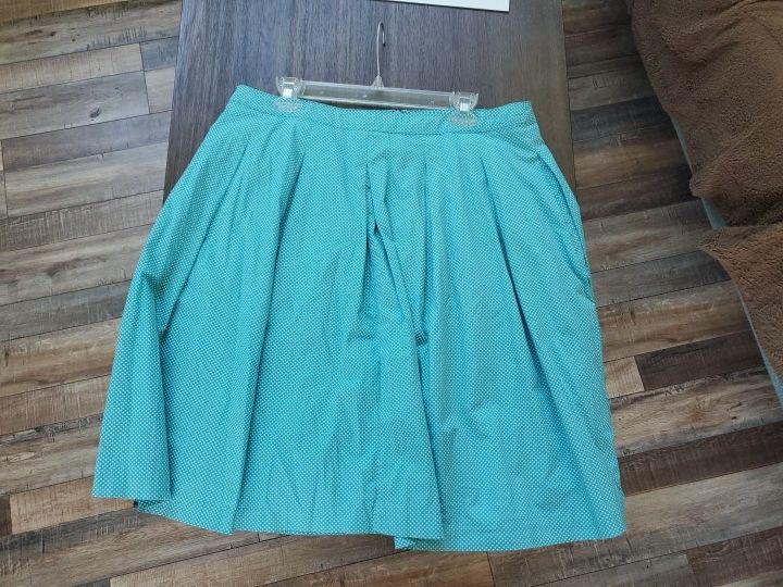 EUC Women's Talbots Teal White Polka Dot Retro Lined A Line Pleated Skirt 14P