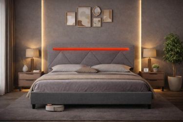 King size bed frame with LED Headboard, Upholstered Platform, Charging Station, gray D-43