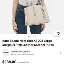 Kate Spade New York X3906 Large Margaux Pink Leather Satchel Purse