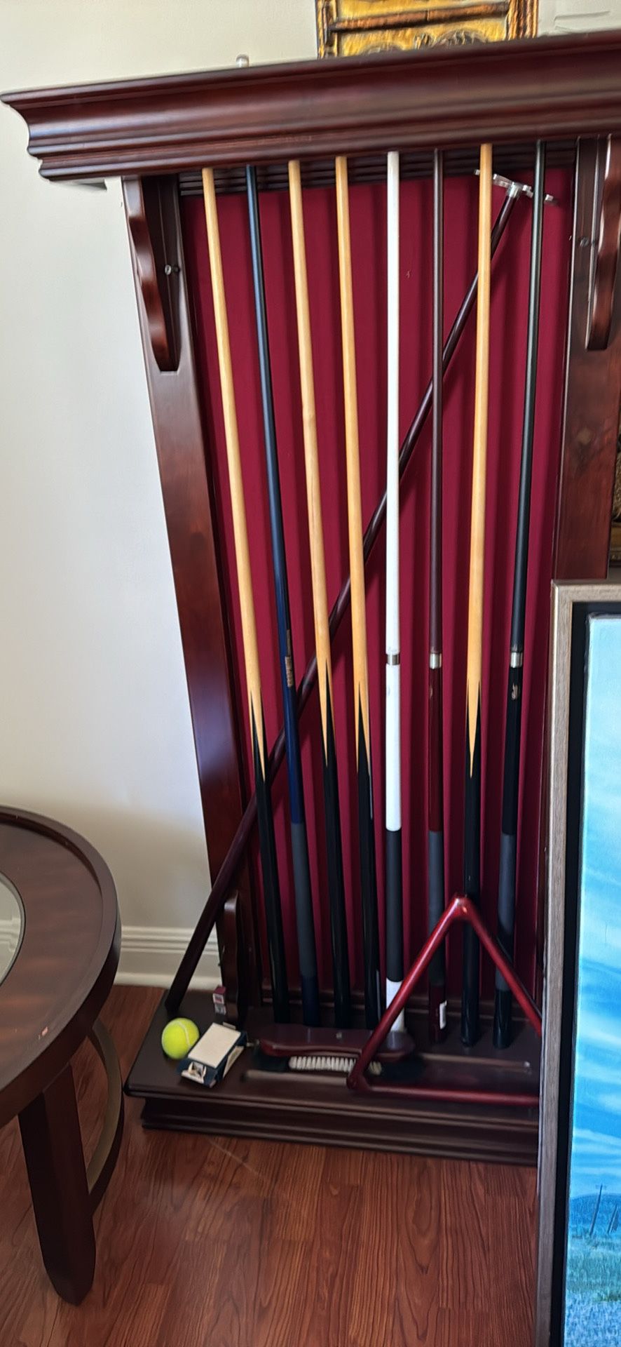 Pool Table Wall Unit With Sticks.