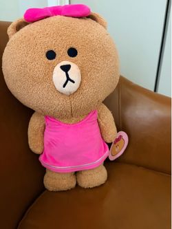 Line Friends Gund Choco Bear With Pink Bow Plush Stuffed Animal Toy 15”