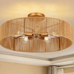 24" Natural Rattan Flush Mount Ceiling Light Fixture, 5-Light Gold 