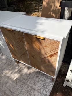 Enloe White Storage Cabinet with Brown Rustic Doors & Gold Base