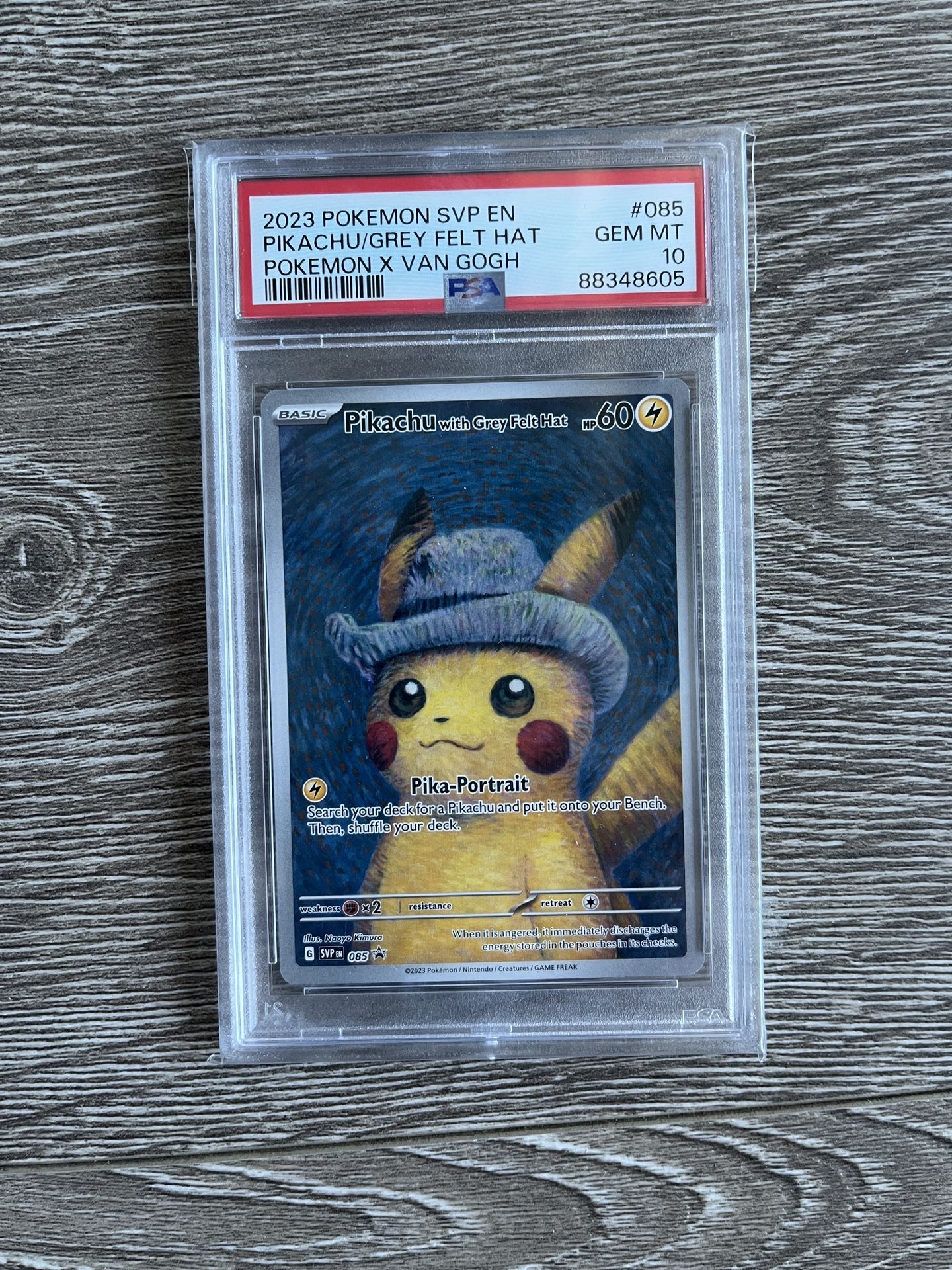 2023 Pokémon Van Gogh Pikachu Grey Felt Hat PSA 10