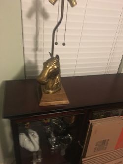 Beautiful.Brass horse head lamp with 2 separate lights It weighs 5 Lbs and is 24” tall