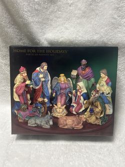 Vintage Home For The Holidays 12 Piece Porcelain Nativity Wood Manger Creche