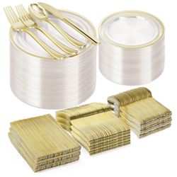 Set of 600 transparent golden plastic plates (100 guests), plastic plates for parties, weddings, birthdays, set of 200 plates, 200 forks, 100 spoons, 