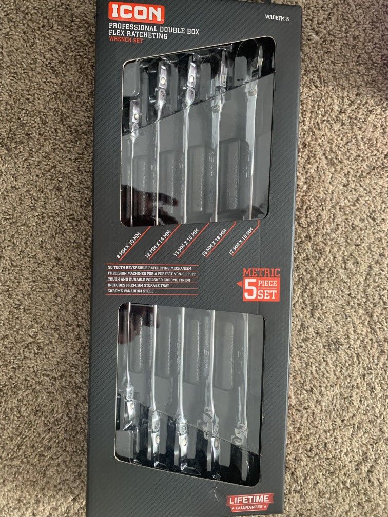 ICON Extra Long Professional Double Box Flex Ratcheting Wrench Set, 5 Piece -
