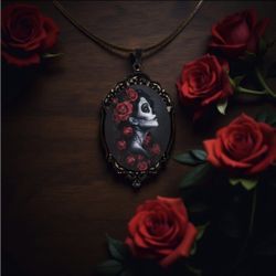 Gothic Pendant Necklace Dia De Los Muertos Skull Roses Cabochon Cameo Gift Emo