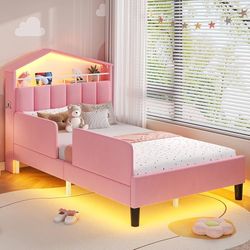 Twin Size Bed Frame with LED Lights,Velvet Upholstered Platform Bed for Girls,Princess Bed with Safety Guardrail,Headboard with Charging Station