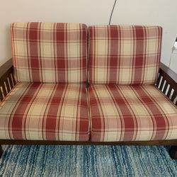 Sofa-Gray barn mercy red plaid mission-style with exposed wood frame!