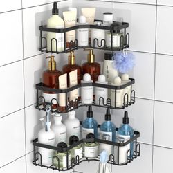 Menbyci 3 Pack Corner Shower Caddy, Adhesive Bathroom Shelves with 18 Hooks, Drill-Free & Quick-Dry Shower Organizer with Large Capacity, Rustproof St