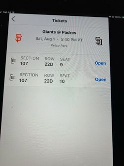 2 PADRES/ GIANTS TICKETS, SATURDAY, 8/1, SEC 107, ROW 22D