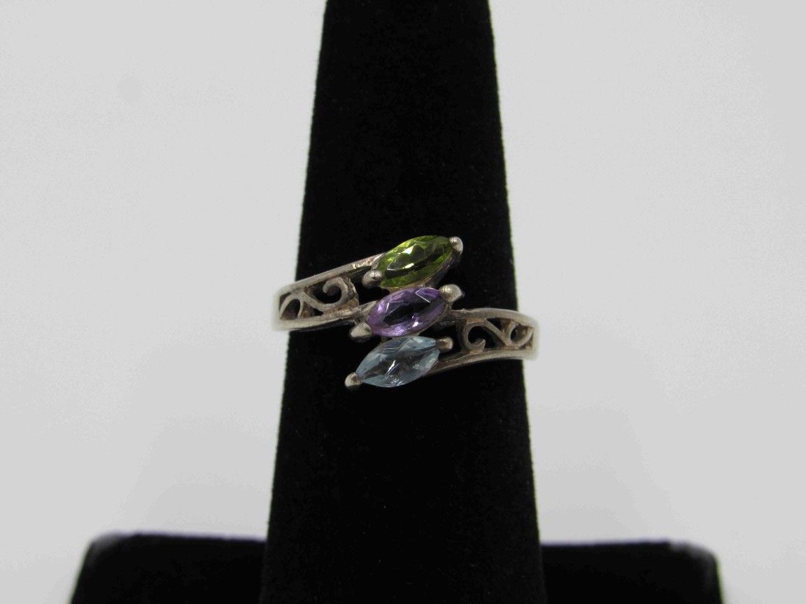 Size 6.25 Sterling Silver Topaz Amethyst Peridot Ring Vintage Statement Engagement Wedding Promise Anniversary Bridal Cocktail Friendship