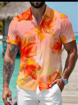 Men’s orange tropical button up shirt