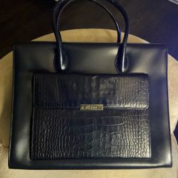 Escada Midnight Blue Leather and Croc Embossed Leather Front Pocket Tote