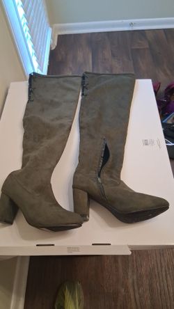 Green thigh high suede boots with zipper