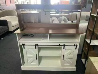 Uforic 47" Farmhouse Coffee Bar Cabinet with Power Outlets, Sliding Barn Door Sideboard, Modern White