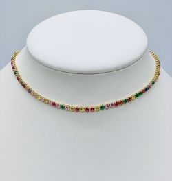 Choker Tennis Chain Gold Plated With Cubic Zirconia Colorfully