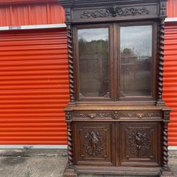 VINTAGE/ANTIQUE SOLID WOOD 2PC SIDEBOARD WITH GLASS DOORS/ DRAWERS AND SHELF FROM THE 1800’s