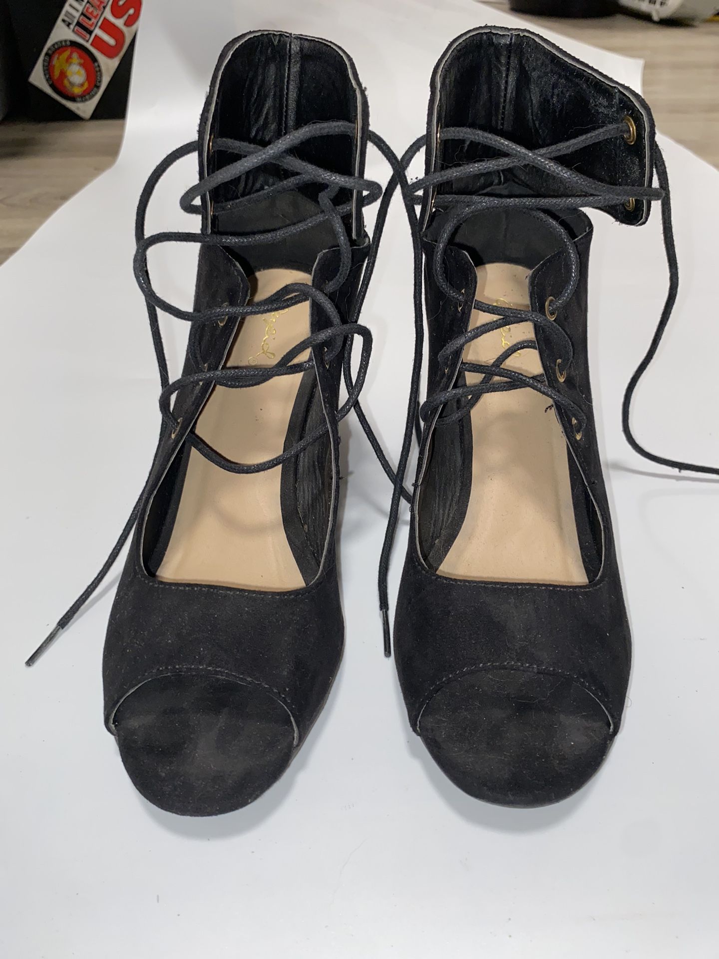 Size 7 Black Suede Open Toe Qupid Heels