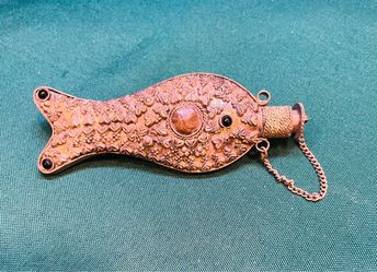Vintage and rare find. Ornate silver plate fish shaped perfume vessel with stone cabochons