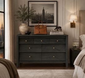7 Drawers Dresser With Beveled Panel, Farmhouse Dressers For Bedroom, Tv Stand, Black J-1